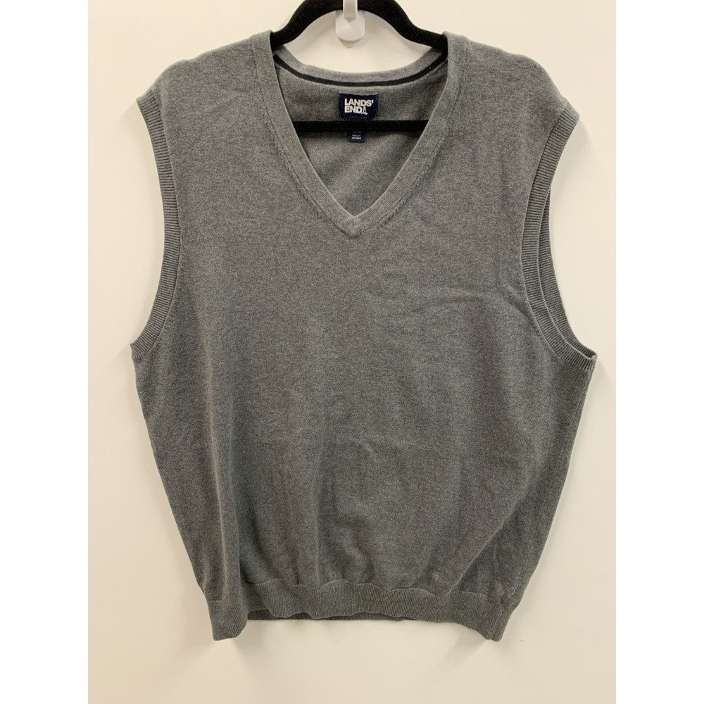 Lands' End Men's Sweater Vest Large Gray  Cotton V-Neck Pullover Classic‎